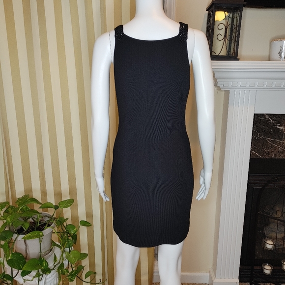 ESCADA STRETCH KNIT DRESS WITH CROCHET STRAPS/NECKLINE. BLACK 34/ US 4 - Picture 2 of 7